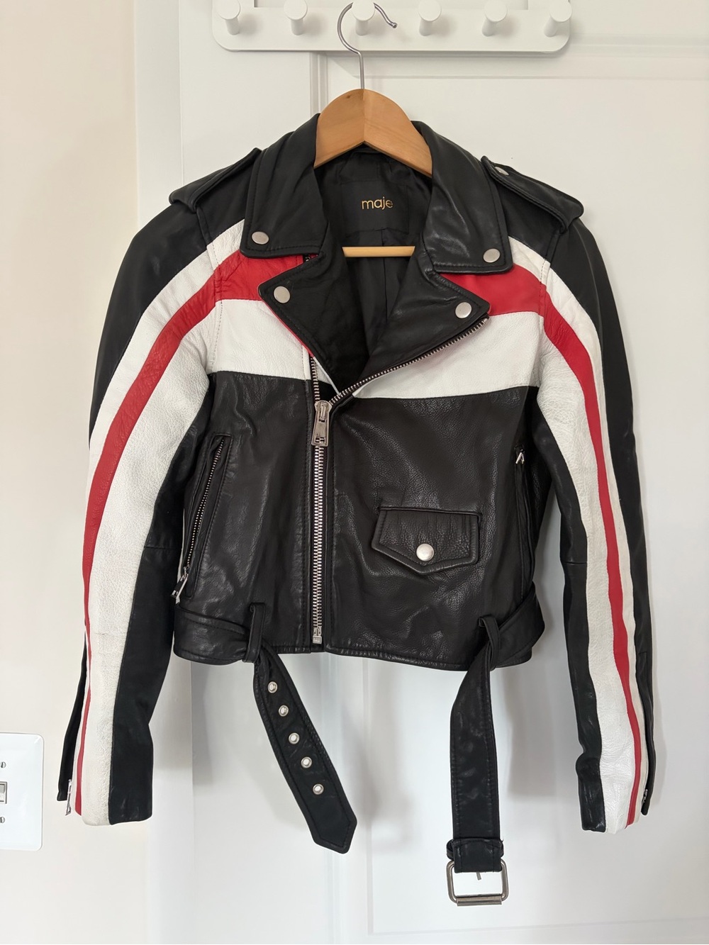 Maje Black Leather Moto Jacket with Red & White Racing Stripes